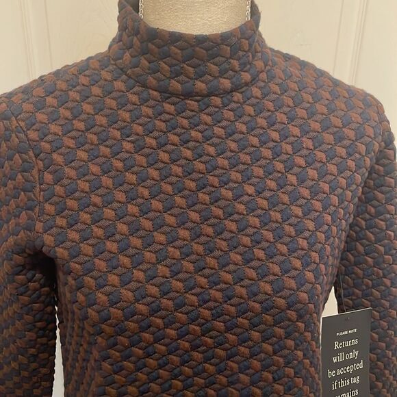 Tuckernuck Navy & Brown Geometric Print Quilted Mock Neck Dress, NWT - Picture 4 of 10